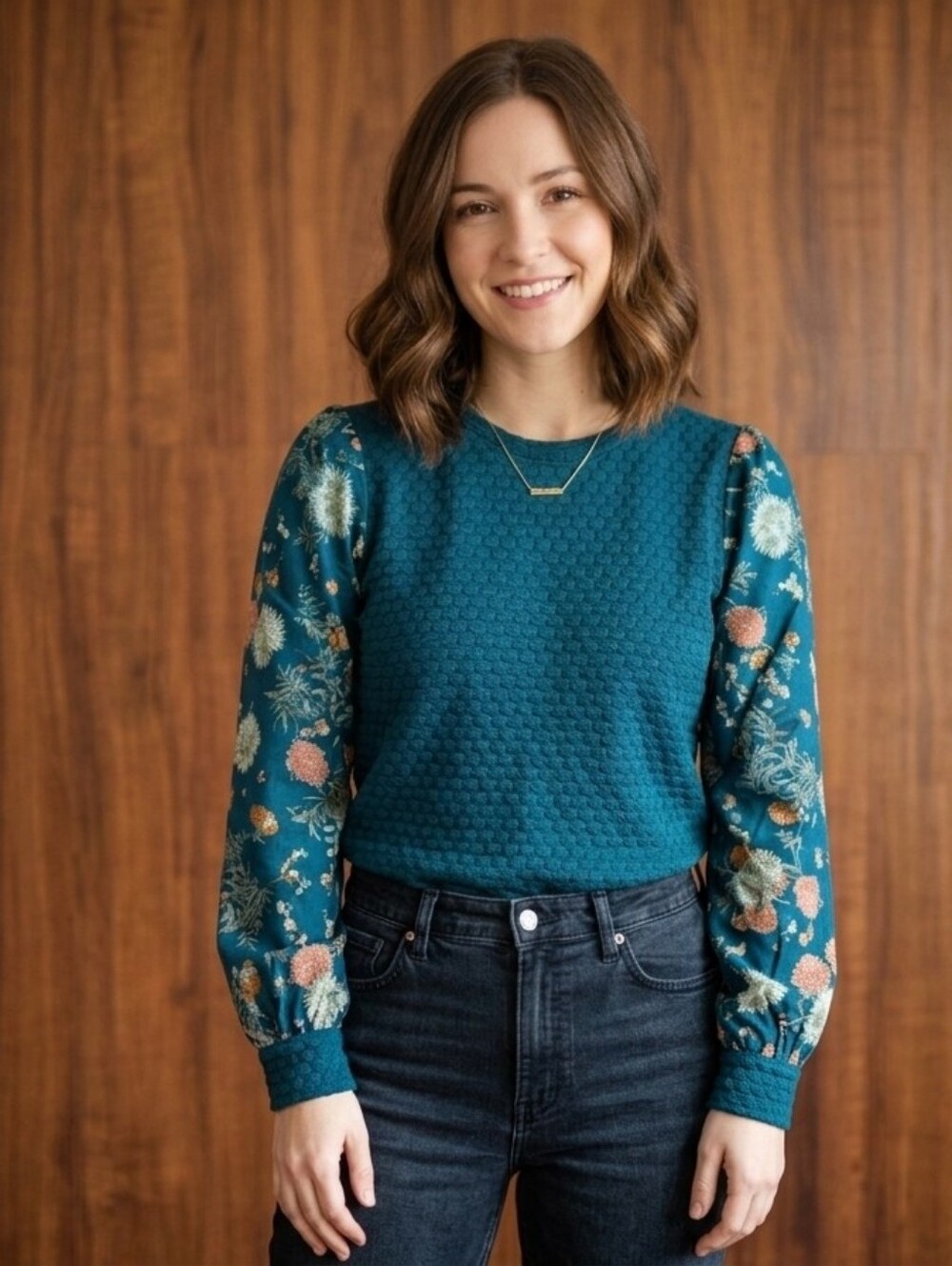 Anthropologie Porridge Teal Quilted Textured Sweatshirt Floral Puff Sleeve XS